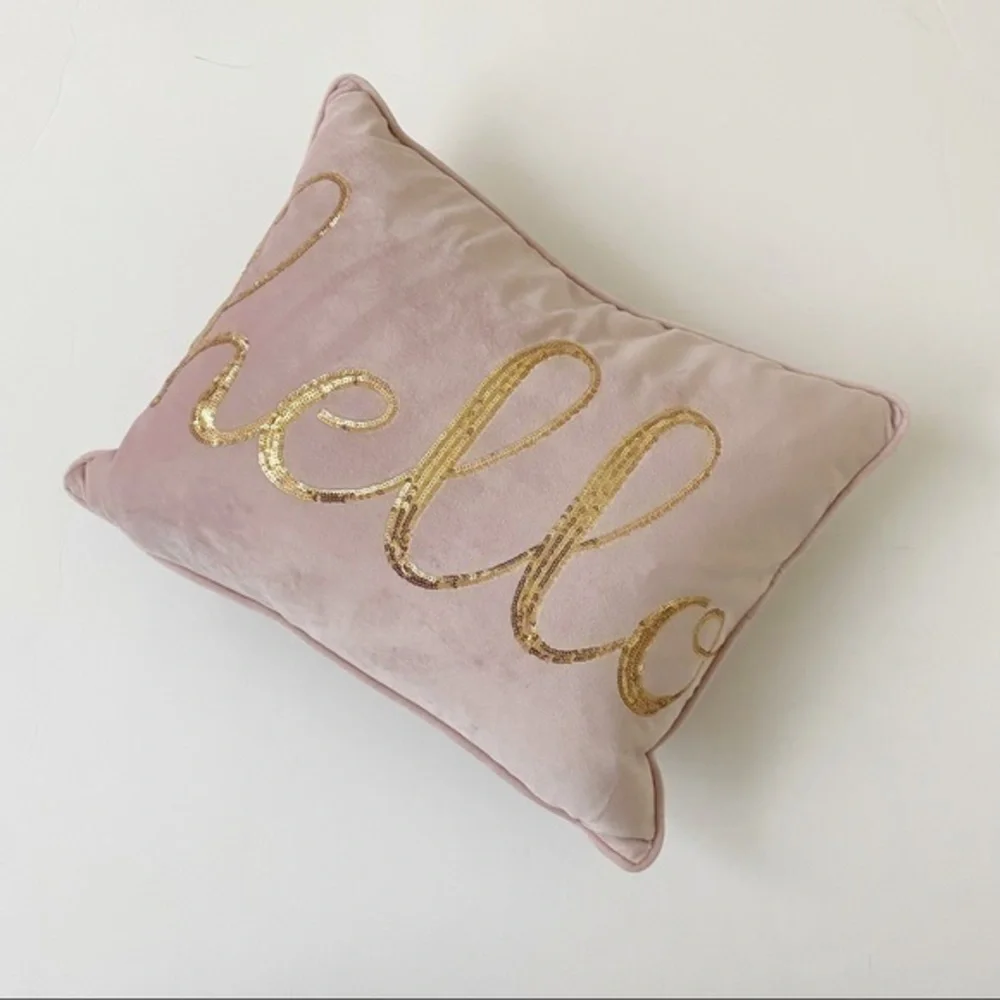 Pink and gold hello accent decorative pillow